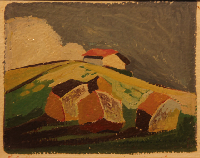 12 Paisaje con casa en ladera Gouache 16 x 13cm.