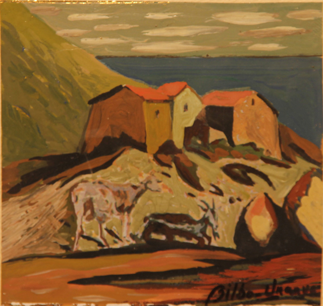 15 Oveja y cabra junto al poblado Gouache 12 x 12cm.