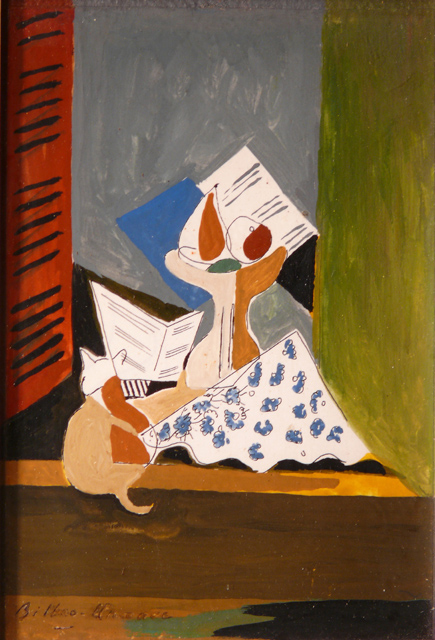 19 Bodegon con gato sobre ventana Gouache 14 x 20cm.