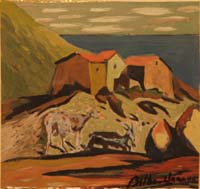 15 Oveja y cabra junto al poblado Gouache 12 x 12cm.