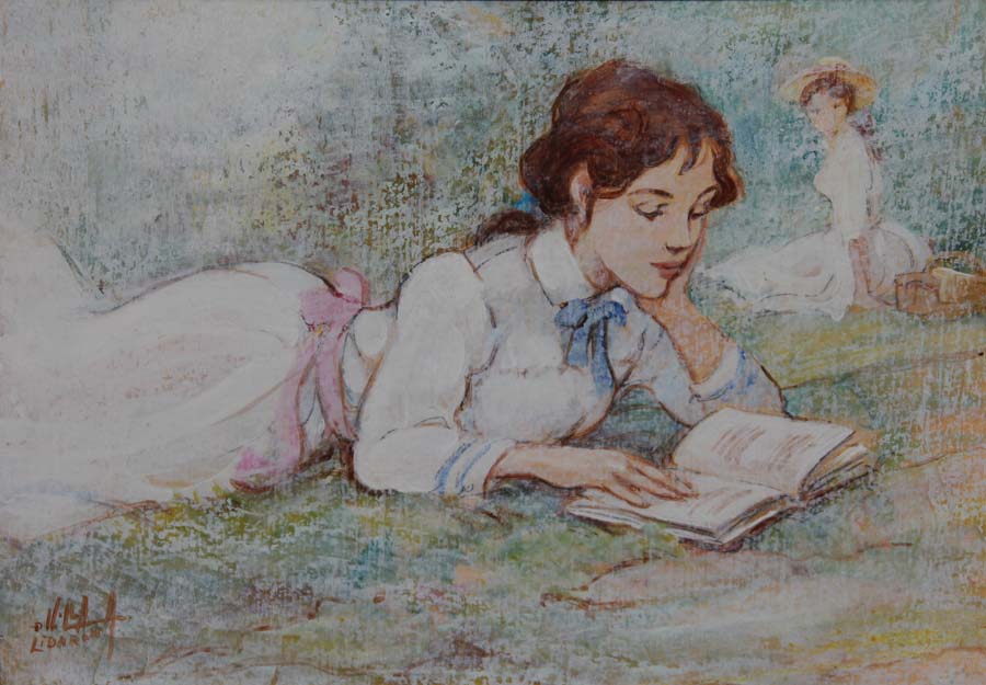 12 Dama tumbada leyendo- Cera 25x35 cm.