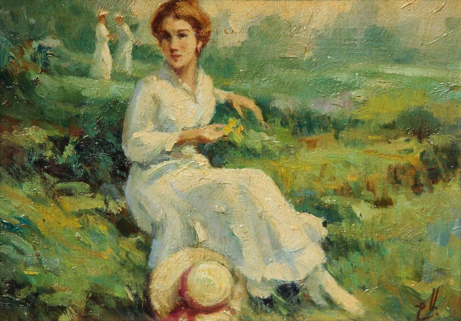 14 Damas en el campo O.l 16x22 cm.