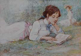 12 Dama tumbada leyendo- Cera 25x35 cm.