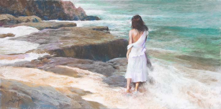 02 Dama en acantilado Pastel 40x80cm.