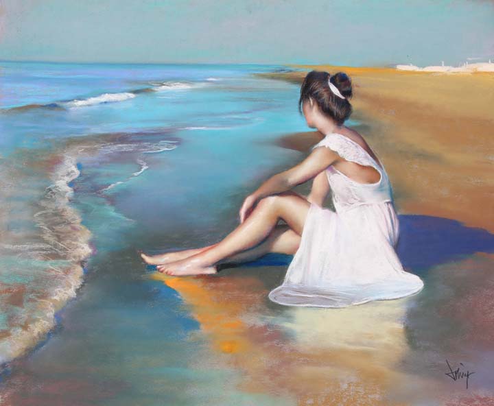 12 Dama en la playa Pastel 61x50cm.