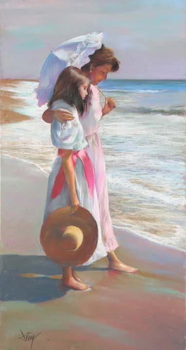 18 Dama con nina en la playa Pastel 40x80cm.