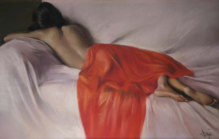 20 Desnudo tumbado con pano rojo Pastel 61x41cm.