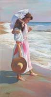 18 Dama con nina en la playa Pastel 40x80cm.