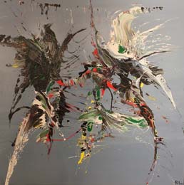 20 Pelea de gallos. Acrilico sobre madera.  110x110 cm.