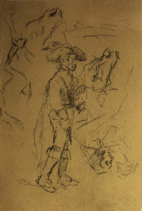 41- 41 Estudio de caballero con sombrero y caballos Litografia 190x125 mm.