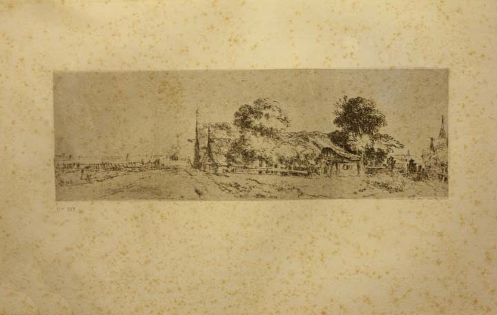 58- 12- 317 Paisaje matinal con casas arboladas Aguafuerte 170x54 mm.