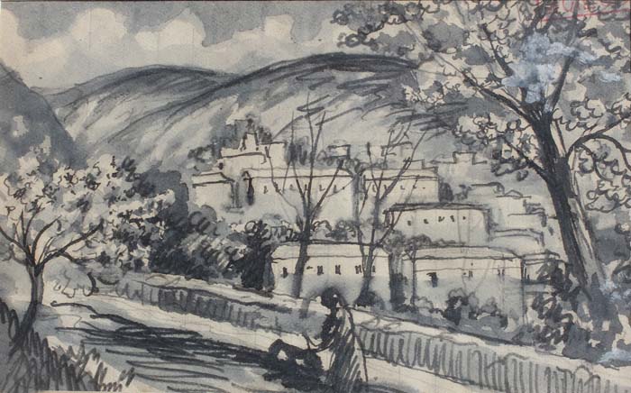 03 Cruzando el puente Dibujo acuarela 14,5x9cm.