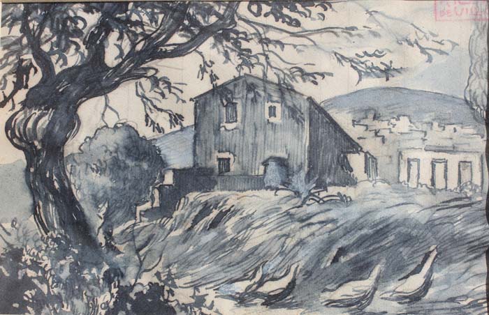 06 Urbano con ocas- Dibujo acuarela 9x14cm.