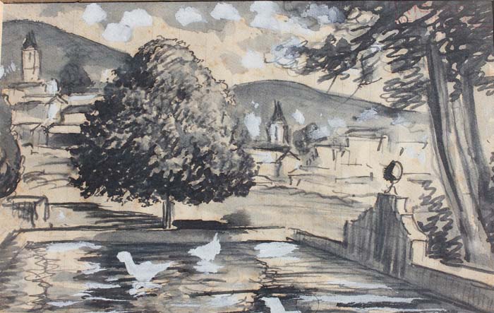 07 Urbano con patos- Dibujo acuarela 9x14cm.