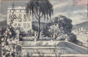 01 Casa con jardin- Dibujo acuarela 10x15cm.