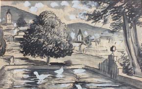 07 Urbano con patos- Dibujo acuarela 9x14cm.