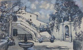 08 Fuente en el  patio Dibujo acuarela 10x15cm.