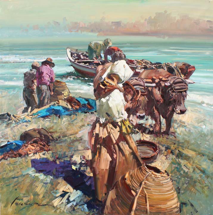 02 Bueyes saliendo del mar o.l. 100x100cm.