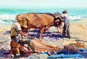19 Pescadores con bueyes o.l. 55x38cm.