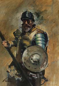 20 Quijote con lanza y escudo o.l. 55x38cm.