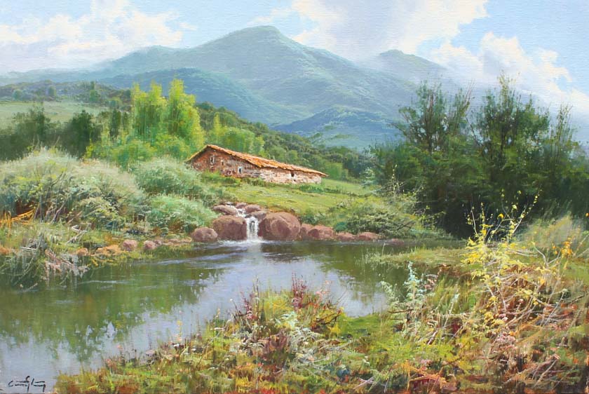 Caserio junto al rio O.l. 81x65 cm.