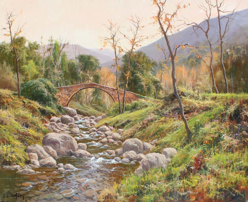 Paisaje con puente y rio de un ojo O.l. 100x81 cm.