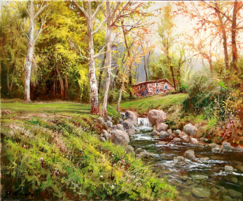 Paisaje con rio O.l. 61x50 cm.