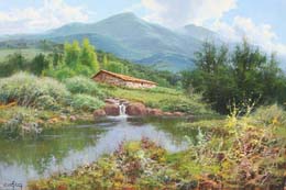 Caserio junto al rio O.l. 81x65 cm.