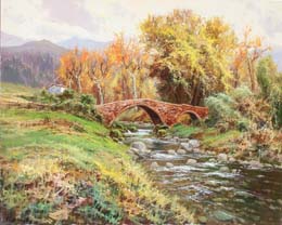 Paisaje con puente y rio de dos ojos O.l.  81x65 cm.