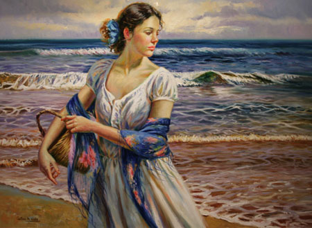 Modelo con cesta en la playa 100x73