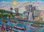 34 Traineras en la ria y Guggenheim Bilbao 24x33cm.