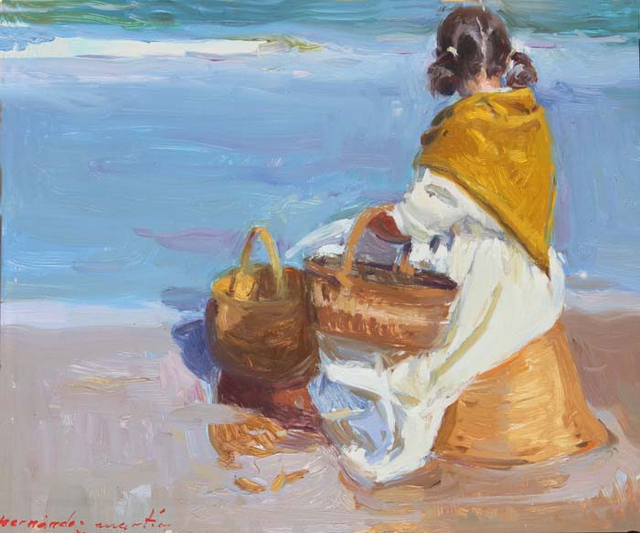 05 Niña con cestos en la playa- Valencia- o.tablex 28x24cm.