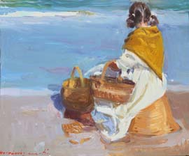05 Niña con cestos en la playa- Valencia- o.tablex 28x24cm.